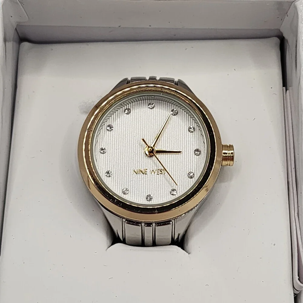 Nine West Genuine Crystal Accented Two Tone Round Face Expansion Band Ring Watch